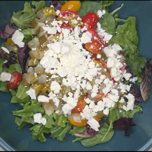 Mediterranean Feta Pickle Salad with feta, pickled cucumbers, jalapeños, tomatoes, and mixed greens