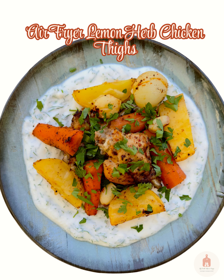 air fryer lemon herb chicken thighs with potatoes carrots and yogurt sauce