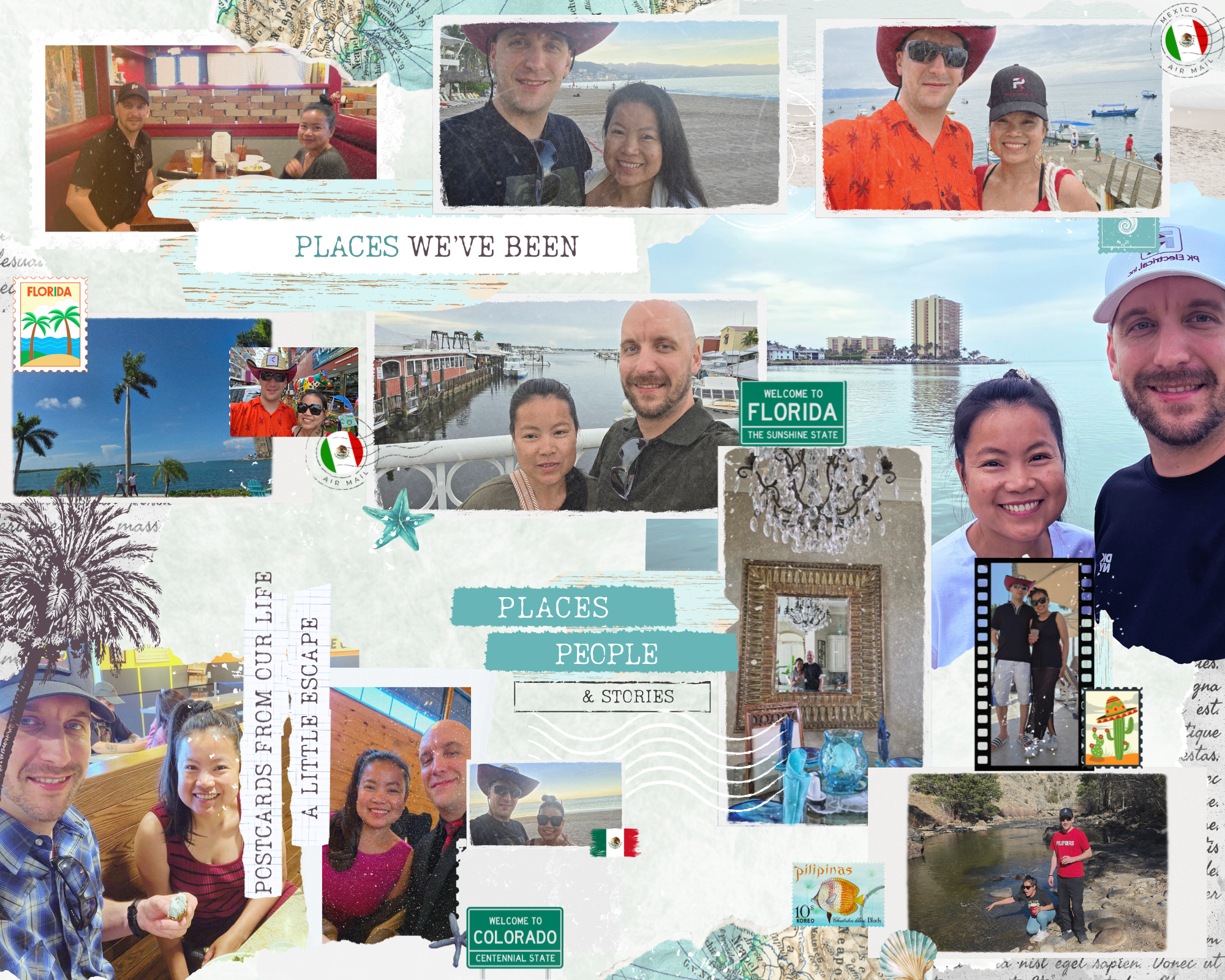 Mike and Angie travel photo collage featuring beach trips, meals, sightseeing, and memories from their life together