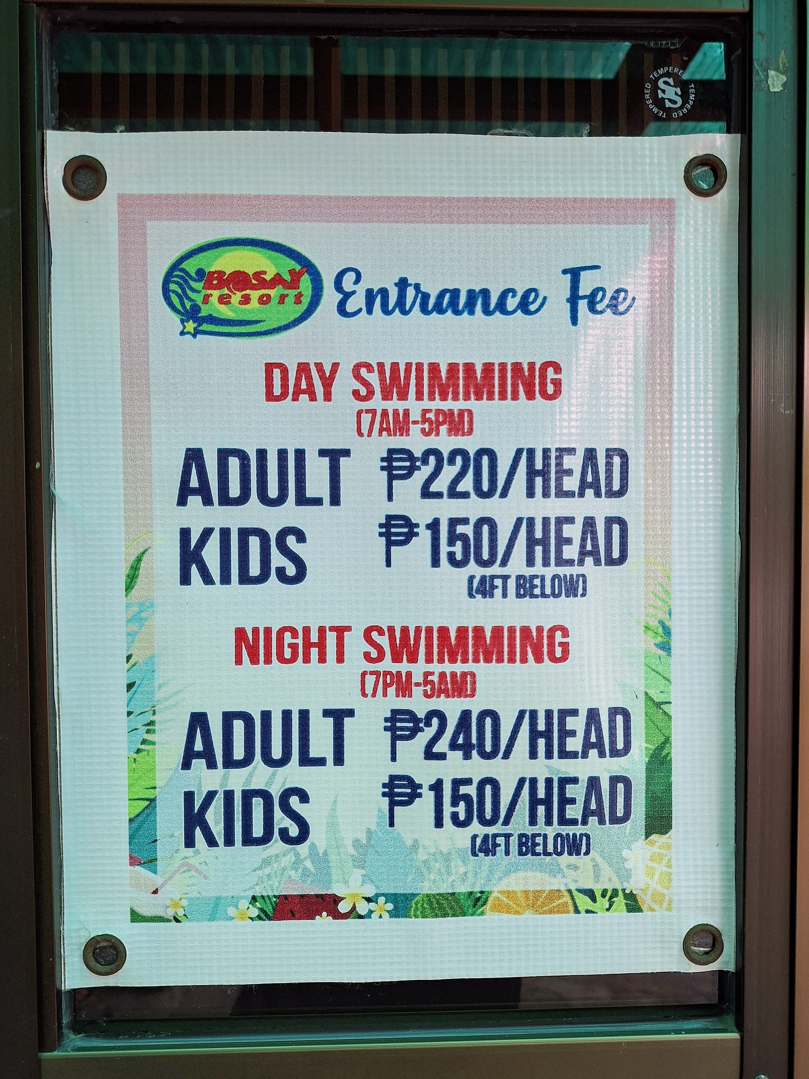 Bosay Resort entrance fee rates sign photographed at the resort entrance in Antipolo
