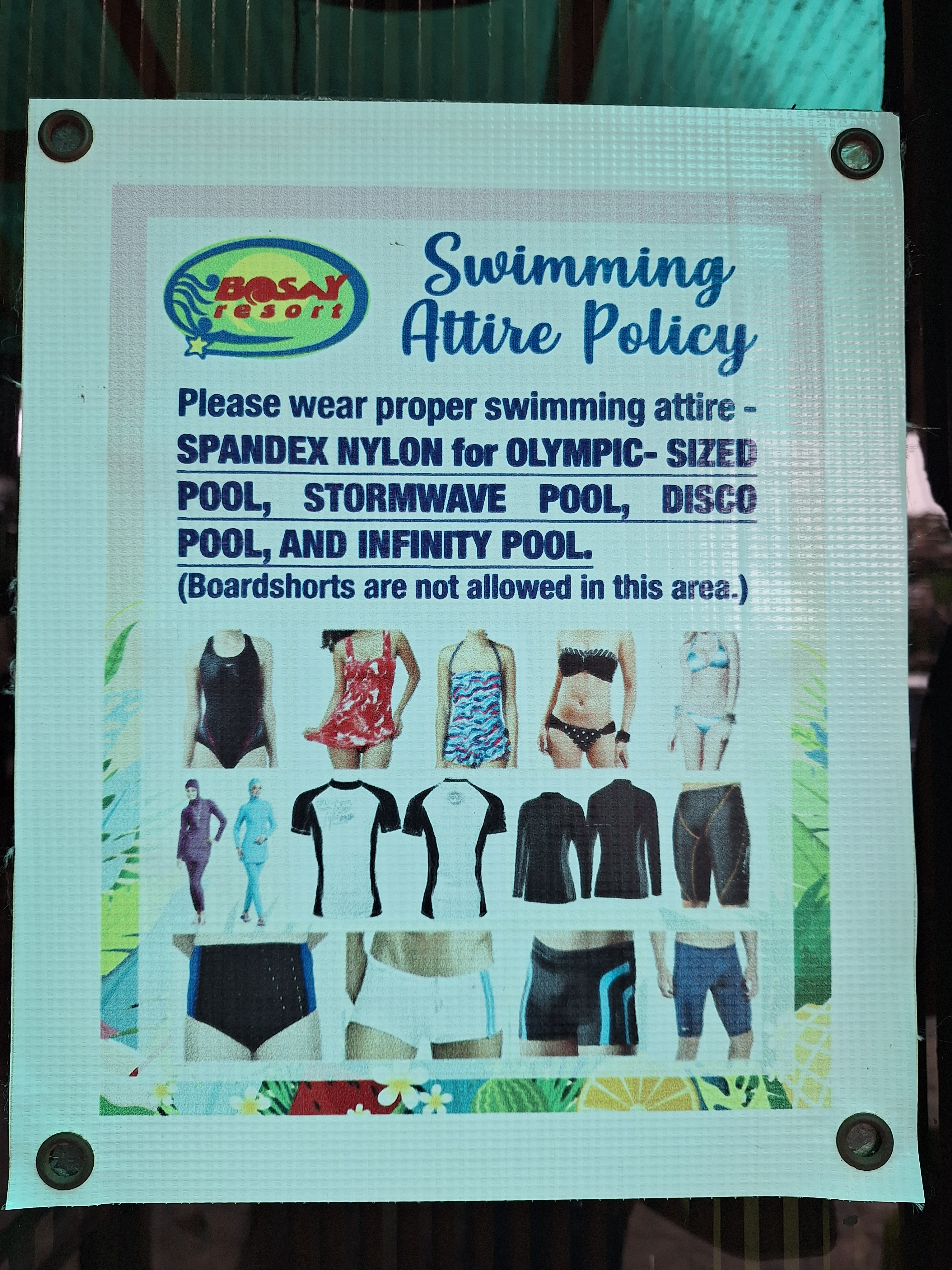 Bosay Resort swimming attire policy sign photographed at the pool entrance of Bosay Resort Antipolo