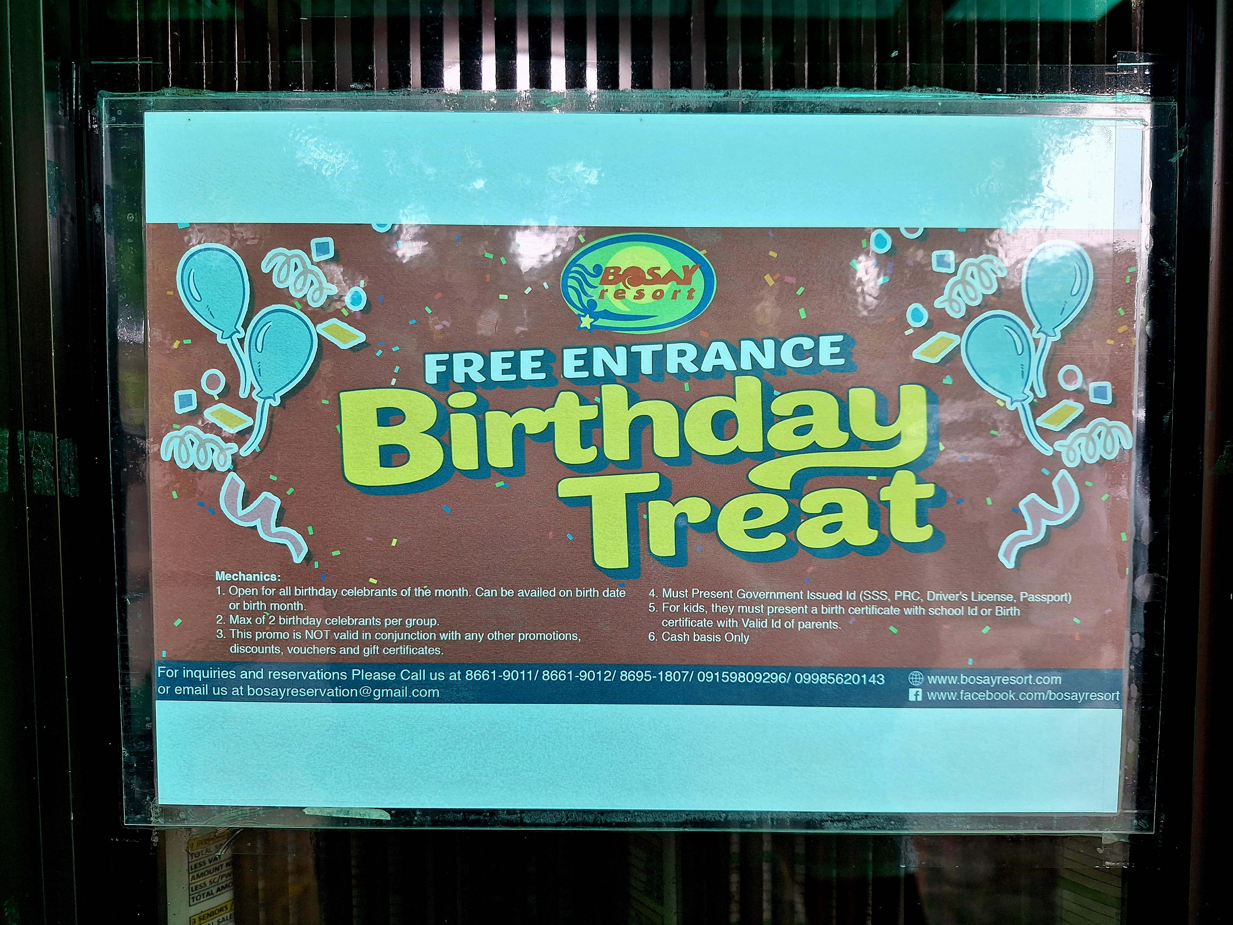 Bosay Resort free entrance birthday treat promo sign photographed at Bosay Resort Antipolo