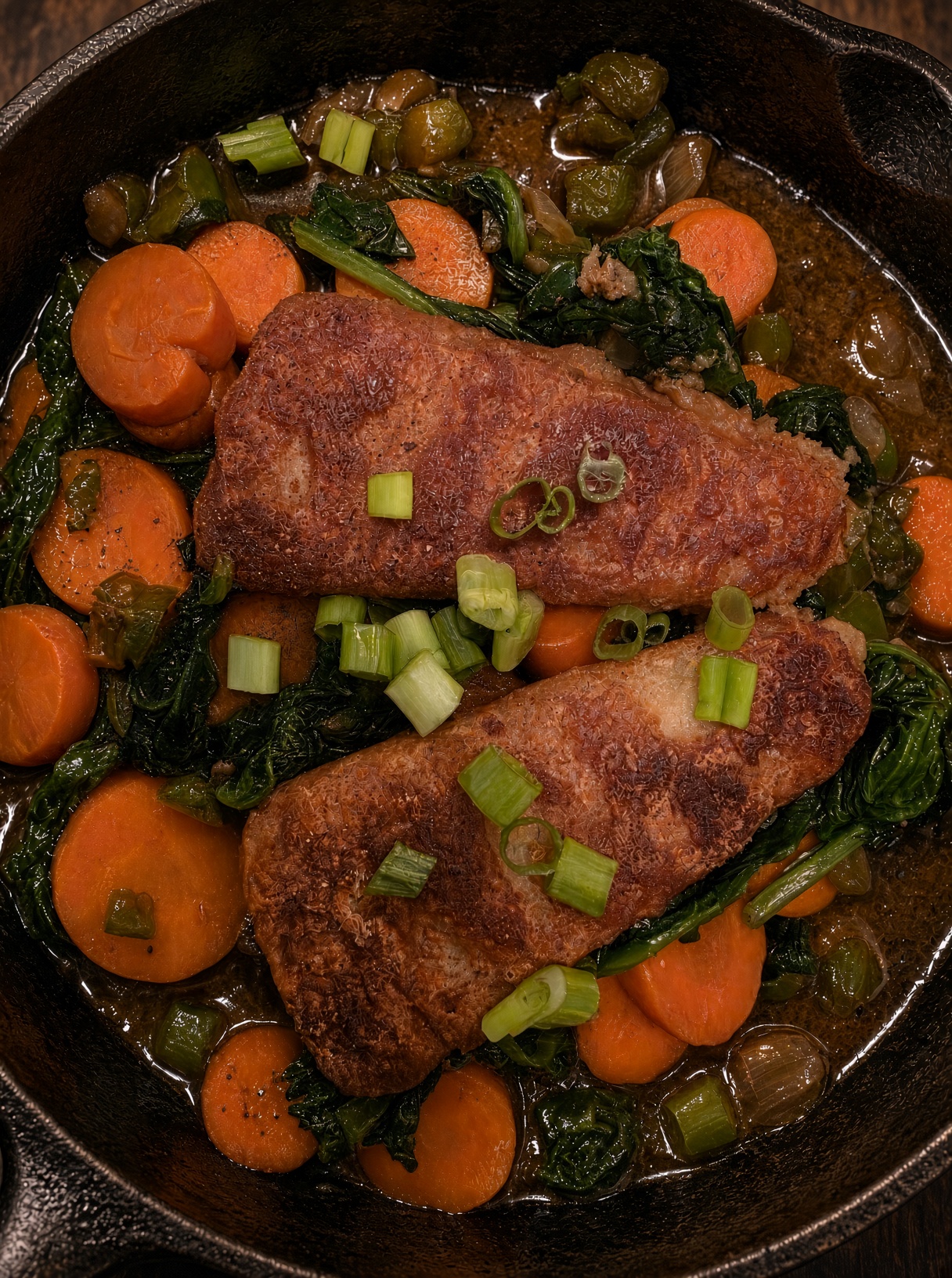 Japanese glazed crispy pollock skillet with carrots and spinach in a cast-iron skillet