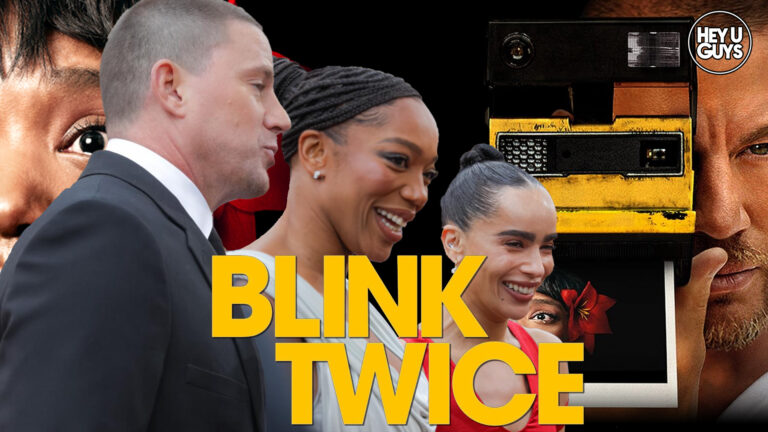 Blink Twice movie review banner with Frida, Slater King, and director Zoë Kravitz