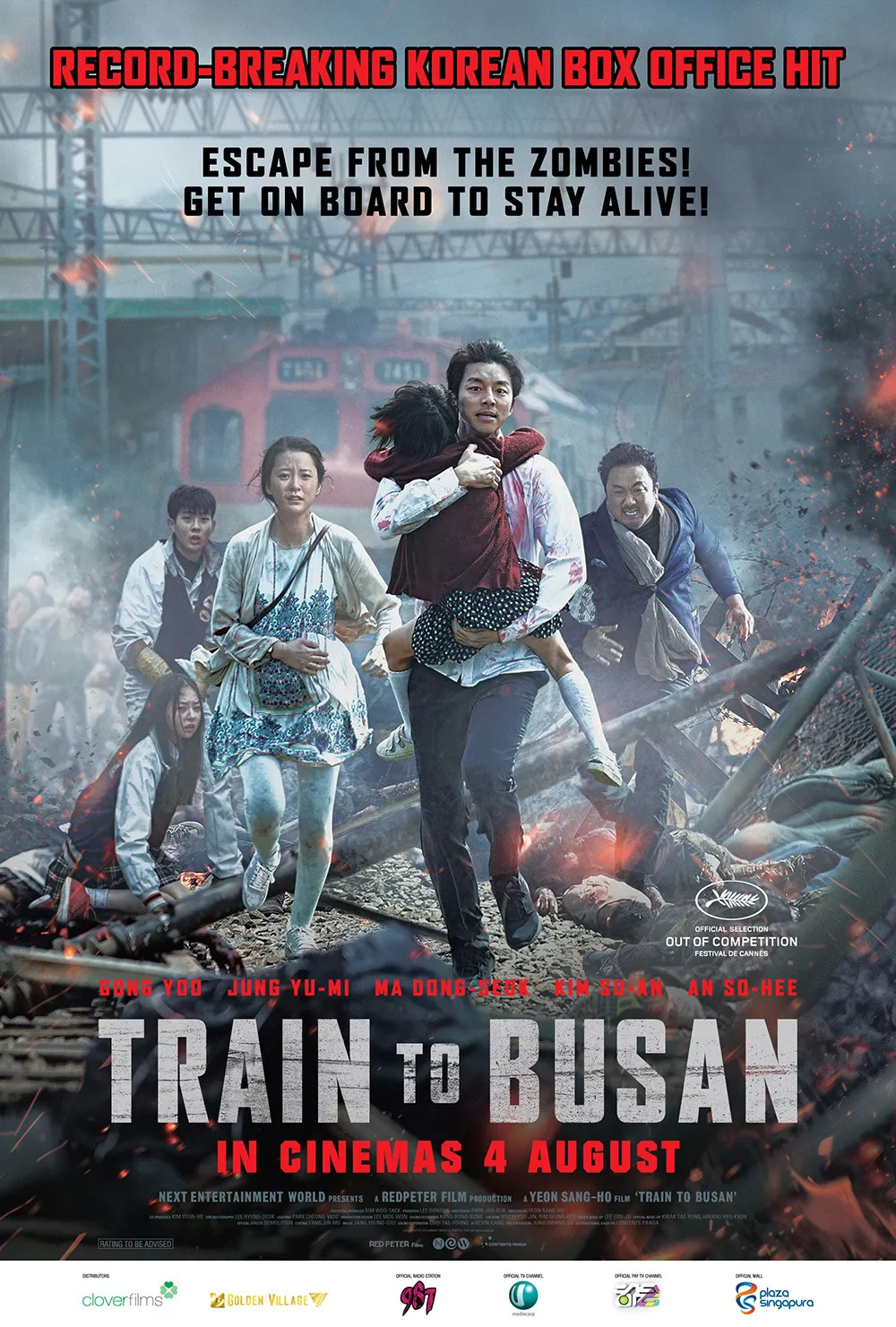 Train to Busan review — poster art with Seok-woo carrying Su-an as survivors flee the zombies