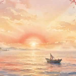 Ikigai book takeaways - Japanese sunrise over the sea with cherry blossoms