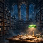 The Midnight Library takeaways - a cozy midnight library under a starry sky