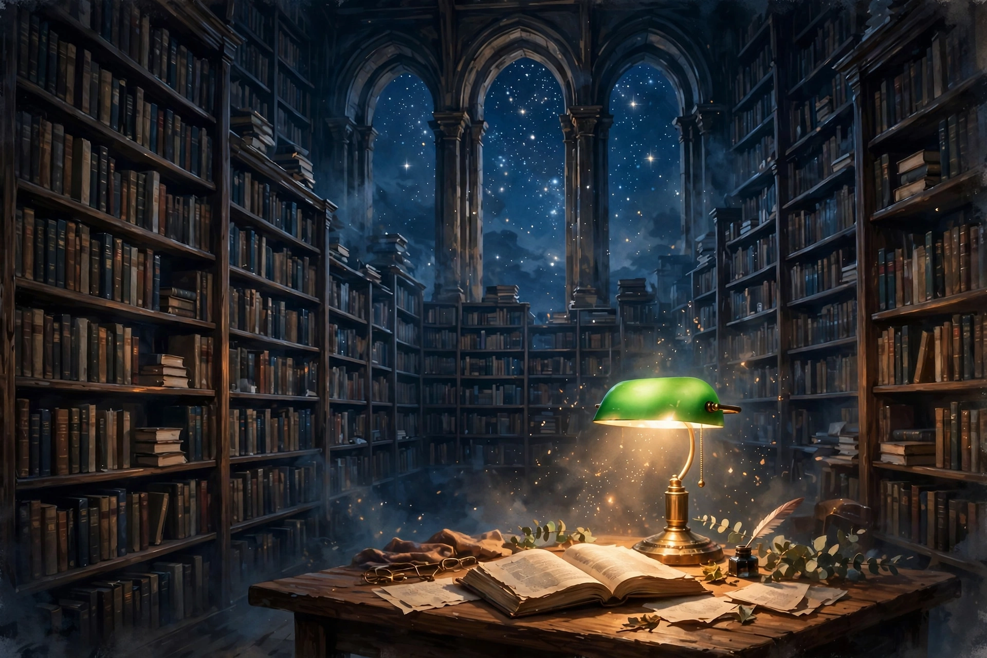 The Midnight Library takeaways - a cozy midnight library under a starry sky