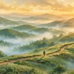 Wealth for All book takeaways - sunrise over mountain path