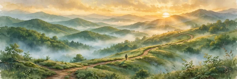 Wealth for All book takeaways - sunrise over mountain path